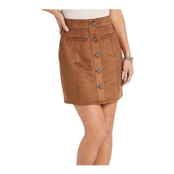 EU Maurices Faux Suede Brown Button Down High Rise Skirt - Picture 2 of 14